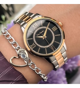 Pierre Cardin Marka Gümüş Rose Renk Çelik Kordon Lüx Siyah Kadran Kadın Kol Saati+Bileklik Hediyeli (Gri)