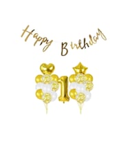 1 Yaş Metalik Gold Kaligrafi Happy Bırthday Yazılı Gold Konfetili Balon Seti
