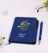 BK Gift Kişiye Özel Dümen Tasarımlı Lacivert Termo Deri Defter Kalem Seti-4