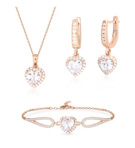 925 Ayar Gümüş Swarovski Rose Gold Kalp Takı Seti