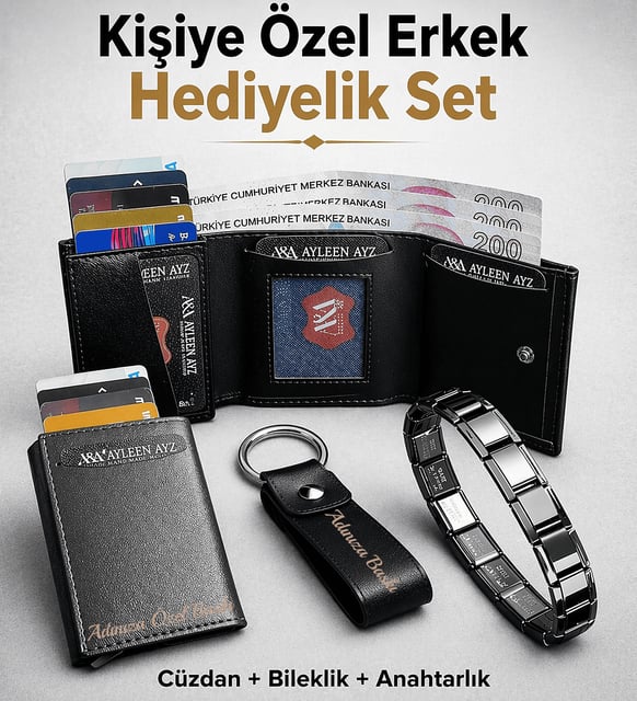 Ayleen Ayz Kişiye Özel Erkek Hediye Seti – Mekanizmalı Deri Cüzdan Kartlık, Çelik Bileklik ve Anahtarlık (Siyah)
