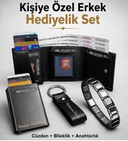 Ayleen Ayz Kişiye Özel Erkek Hediye Seti – Mekanizmalı Deri Cüzdan Kartlık, Çelik Bileklik ve Anahtarlık (Siyah)