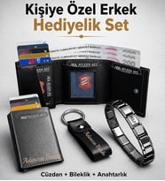 Ayleen Ayz Kişiye Özel Erkek Hediye Seti – Mekanizmalı Deri Cüzdan Kartlık, Çelik Bileklik ve Anahtarlık (Siyah)