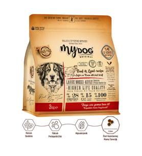 Mydog Az Tahıllı Sığır ve Kuzu Etli Büyük Irk Yetişkin Köpek Maması 3kg