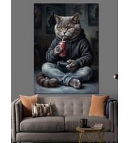 Kapüşonlu Kedi İçecek İçen Çizim Dekoratif Kanvas - Mdf Ahşap Tablo