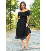Neşeli Butik Kadın bağlama detaylı madonna yaka yeni sezon şifon elbise NB8060 (Siyah)