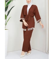 Kadın Püsküllü  Kimono 2 li Takım Koyukahve (Kahverengi)