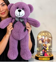 Kişiye Özel 3 Fotoğraflı Yazılı LED Işıklı Fanus ve Büyük Mor Peluş Ayıcık (sırt sırta aşıklar)
