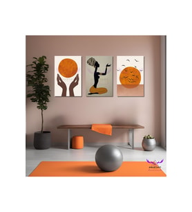 3'Lü Kanvas Tablo Seti Yoga ve Meditasyon Yapan Soyut Kadın ve Kuşlar