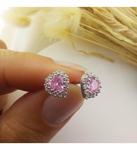 925 Ayar Gümüş Pembe Taşlı Kalp Küpe