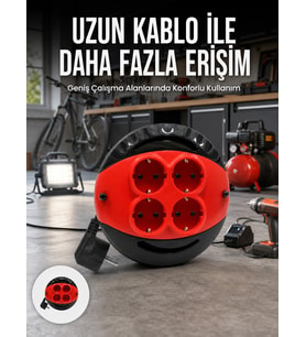 Mey İthalat® 5 Metre Kablolu 4’lü Kırmızı Priz Makara