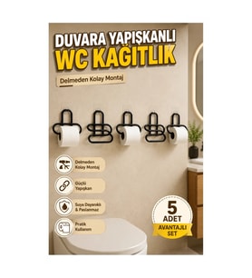 5 Adet Siyah Metal Yapışkanlı Tuvalet Kağıdı Tutucu – Delmeden Duvar Montajlı