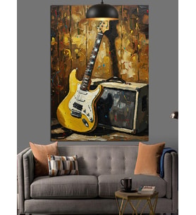 Retro Gitar Ve Amfi İle Müzik Dekoratif Kanvas - Mdf Ahşap Tablo