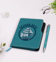 BK Gift Kişiye Özel Gemi Tasarımlı Turkuaz Termo Deri Defter Kalem Seti-1