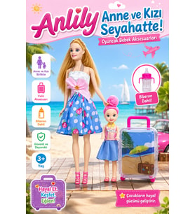 Anlily Anne ve Kızı Seyahatte Oyuncak Bebek Seti Valizli ve Biberonlu Kız Çocuk Oyuncak
