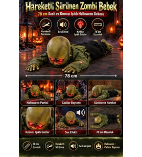 Halloween 78 cm Hareketli Sürünen Zombi Bebek Sesli Kırmızı Işıklı Gözlü Cadılar Bayramı Süsü