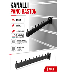 1 Adet - Kanallı Pano Baston Askılık 40 cm – Alüminyum Panel Uyumlu Mağaza Raf Askı Aparatı Siyah