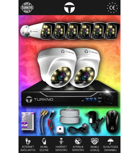 TURKNO 8 Kameralı Karie 2 İç Kamera Set HDD'siz Full HD Renkli Gece Görüşlü Güvenlik Kamerası Sistemi