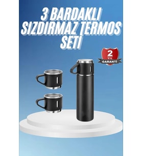 Termos Paslanmaz Çelik Termos Siyah Renk 3 Bardaklı Termos Seti