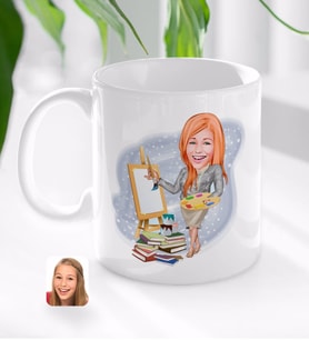 BK Gift Kişiye Özel Kadın Resim Öğretmeni Karikatürlü Beyaz Kupa Bardak-1