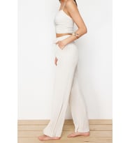 Tarz Kadın Modern Moda Normal Bel Boru Paça V Yaka Ekru Dokuma Bluz Pantolon Takım