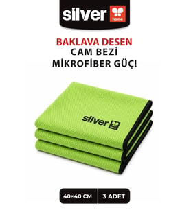 3'lü Mikrofiber Cam Bezi 40x40 cm Baklava Desen Yeşil El Dolduran Ekstra Kalın Dokulu