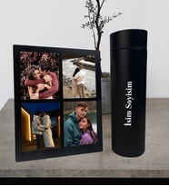 Kişiye Özel Premium  Termos Bardak Ve Fotoğraflı Dört Resimli Siyah Kolaj Masaüstü Fotoğraf Siyah Çerçeve