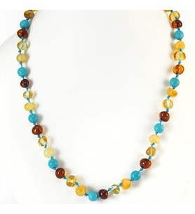 SERTİFİKALI ORİJİNAL KEHRİBAR BEBEK DİŞ KOLYESİ 32-33 cm 0-4 YAŞ (Turkuaz Taşlı)
