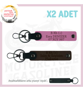 Motosiklet Aşıklarına, İsim Plaka ve B Rh (+) Kan Grubu Yazılı 2' li Anahtarlık, K Kahve-Pembe-Syh