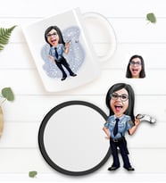 BK Gift Kişiye Özel Kadın Polis Karikatürlü Beyaz Kupa ve Ahşap Bardak Altlığı Hediye Seti-1