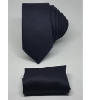 Lacivert Renk Mendilli  Slim Fit Oxford Kuş Gözü Desen Kravat
