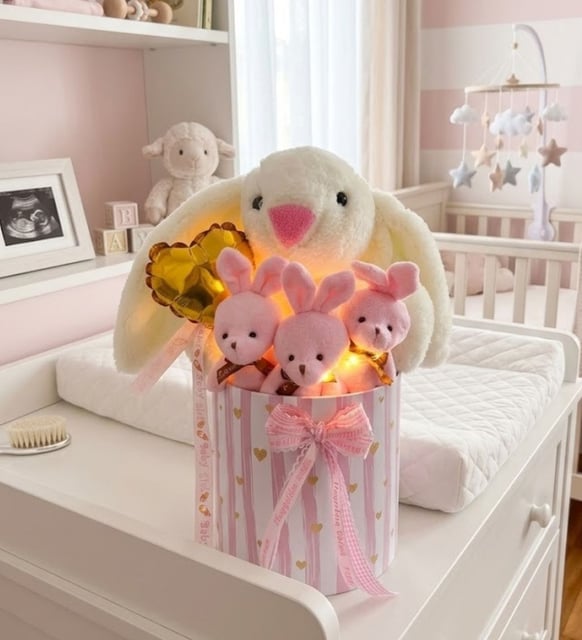 Led Işıklı Özel Kutuda Uyku Arkadaşı Bunny Peluş Tavşan ile Kız Yeni Doğan Hediye Seti- Babyshower ,Yenidoğan Hediyesi