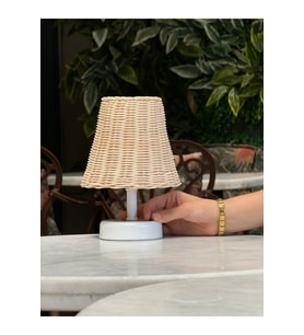 Rattan & Bambu Masa Üstü Kablosuz Pilli Abajur Masa Lambası Beyaz