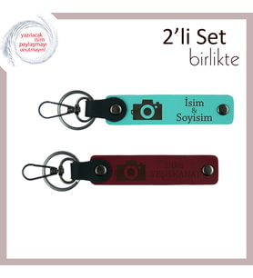 Sevdiğinle Her Kareye İz Bırak, Kamera Desenli, Kişisel Anahtarlık Seti, Turkuaz-Bordo
