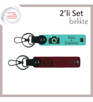 Sevdiğinle Her Kareye İz Bırak, Kamera Desenli, Kişisel Anahtarlık Seti, Turkuaz-Bordo