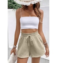 Ghassy Co. Kadın %100 Cotton Müslin Tatil Ev İçi/Dışı Kullanım Cepsiz Beli Bağcıklı Şort (Taş)