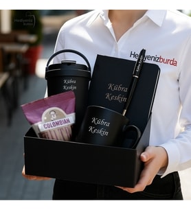 İsme Özel Erkek & Kadın Lüks Hediye Seti - Çelik Termos Bardak, Kupa, Defter, Kalem - Özel Hediye Paketli