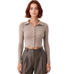 Kadın Esnek Örme Bluz Vücuda Oturan Crop Boy Gömlek Yaka Uzun Kollu Düğmeli Casual Günlük Kışlık