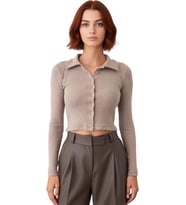 Kadın Esnek Örme Bluz Vücuda Oturan Crop Boy Gömlek Yaka Uzun Kollu Düğmeli Casual Günlük Kışlık