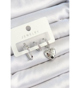 Pirinç Zirkon Taşlı Kalp Model Gümüş Renk 3'lü Çift Kadın Küpe Set - TJ-BKP10794