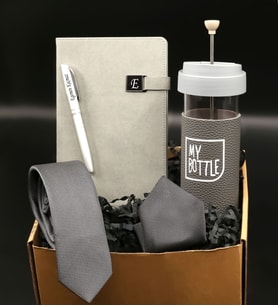 Babalar Gününe Özel Kişiye Özel Gri Termo Defter& Metal Renkli Roller Kalem& French Press Cam Mug& Gri Kravat Hediye Seti