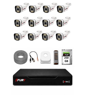 FURY 12 Kameralı 5MP Lens 1080P 6 Warm LED Renkli Gece Görüşlü Güvenlik Kamera Sistemi 250GB 1606