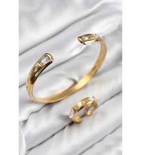 Pirinç Zirkon Taşlı Ayrık Model Gold Renk Bileklik Yüzük Set 5886