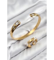 Pirinç Zirkon Taşlı Ayrık Model Gold Renk Bileklik Yüzük Set 5886