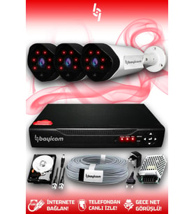 BAYICAM 3 Kameralı Uzay 3 Dış Kamera Set 320 GB HDD Full HD Gece Görüşlü Güvenlik Kamerası Sistemi