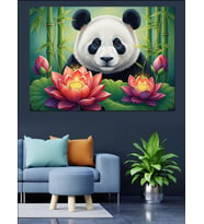 Lotus Çiçeği Tutan Panda Dekoratif Kanvas - Mdf Ahşap Tablo