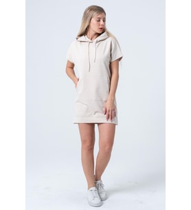 Bej Uzun Sweatshirt Elbise Tunik Kısa Kollu Kanguru Cepli