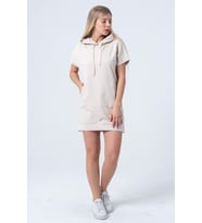 Bej Uzun Sweatshirt Elbise Tunik Kısa Kollu Kanguru Cepli