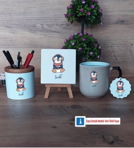 Tatlı Penguen Dekoratif Taş, Kalemlik, Sihirli Oval Kupa Bardak, Ahşap Anahtarlık Hediye (Model 1)