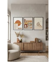 Sakin Toprak Tonları ile Modern Soyut Geometrik 3’lü Ahşap Çerçeveli Tablo Seti